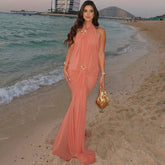 Solid color mesh creative halter neck backless dress